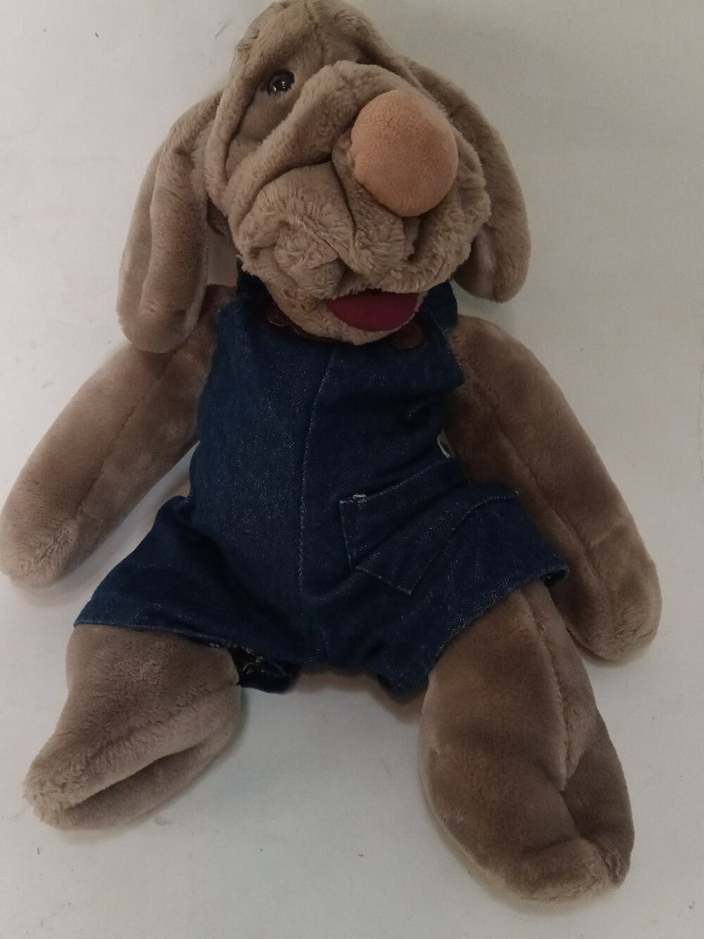 Vintage Wrinkles The Dog Hand Puppet Plush Denim Overalls 1981 Ganz Bros
